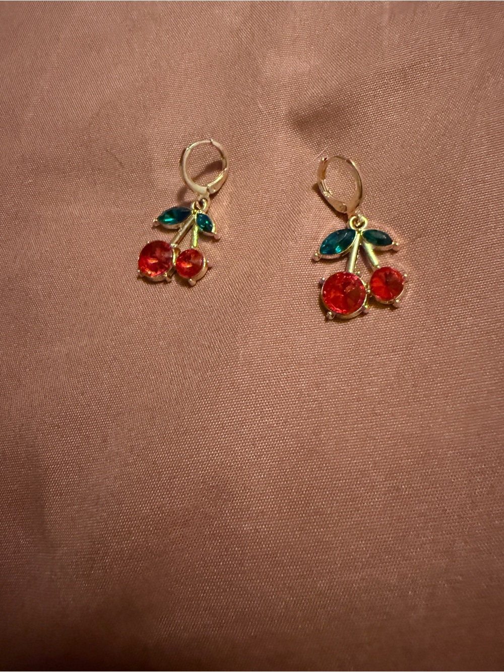 Gold Cherry Drop Earrings with Red and Teal Crystals